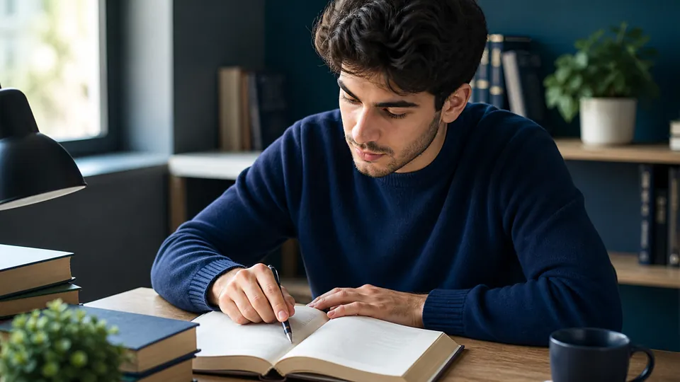 Kalemle satır takibi yaparak hızlı okuma teknikleri çalışan öğrenci