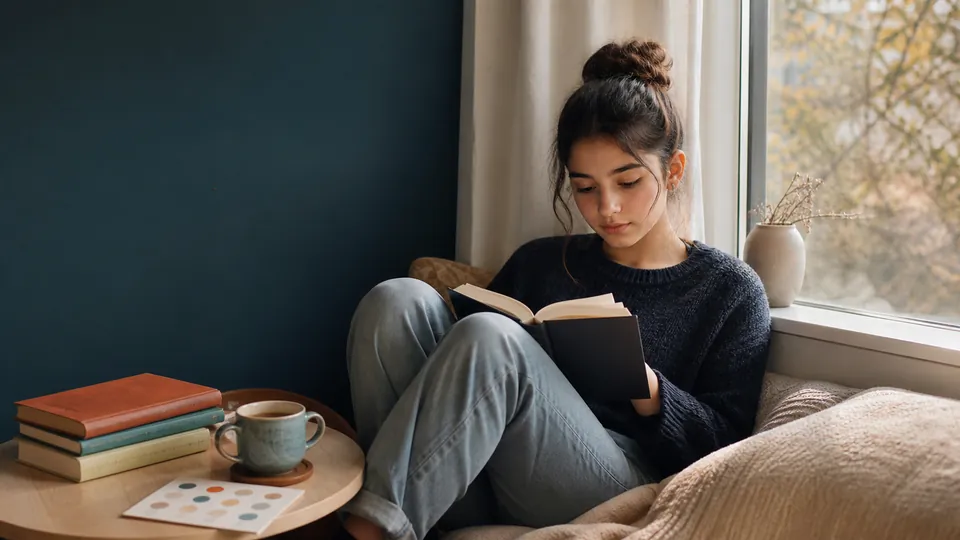 Pencere kenarında düzenli kitap okuma alışkanlığı geliştiren genç okuyucu